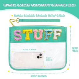 LSxia Chenille Letter Clear Travel Zipper Pouch Nylon Makeup Bag, Preppy Makeup Bag Clear Cosmetic Toiletry Bag, Water-proof Makeup Travel Pouch Snack Bags for Women (Green-Stuff)