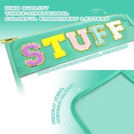 LSxia Chenille Letter Clear Travel Zipper Pouch Nylon Makeup Bag, Preppy Makeup Bag Clear Cosmetic Toiletry Bag, Water-proof Makeup Travel Pouch Snack Bags for Women (Green-Stuff)