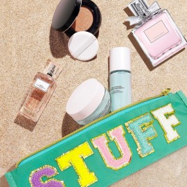 LSxia Chenille Letter Clear Travel Zipper Pouch Nylon Makeup Bag, Preppy Makeup Bag Clear Cosmetic Toiletry Bag, Water-proof Makeup Travel Pouch Snack Bags for Women (Green-Stuff)