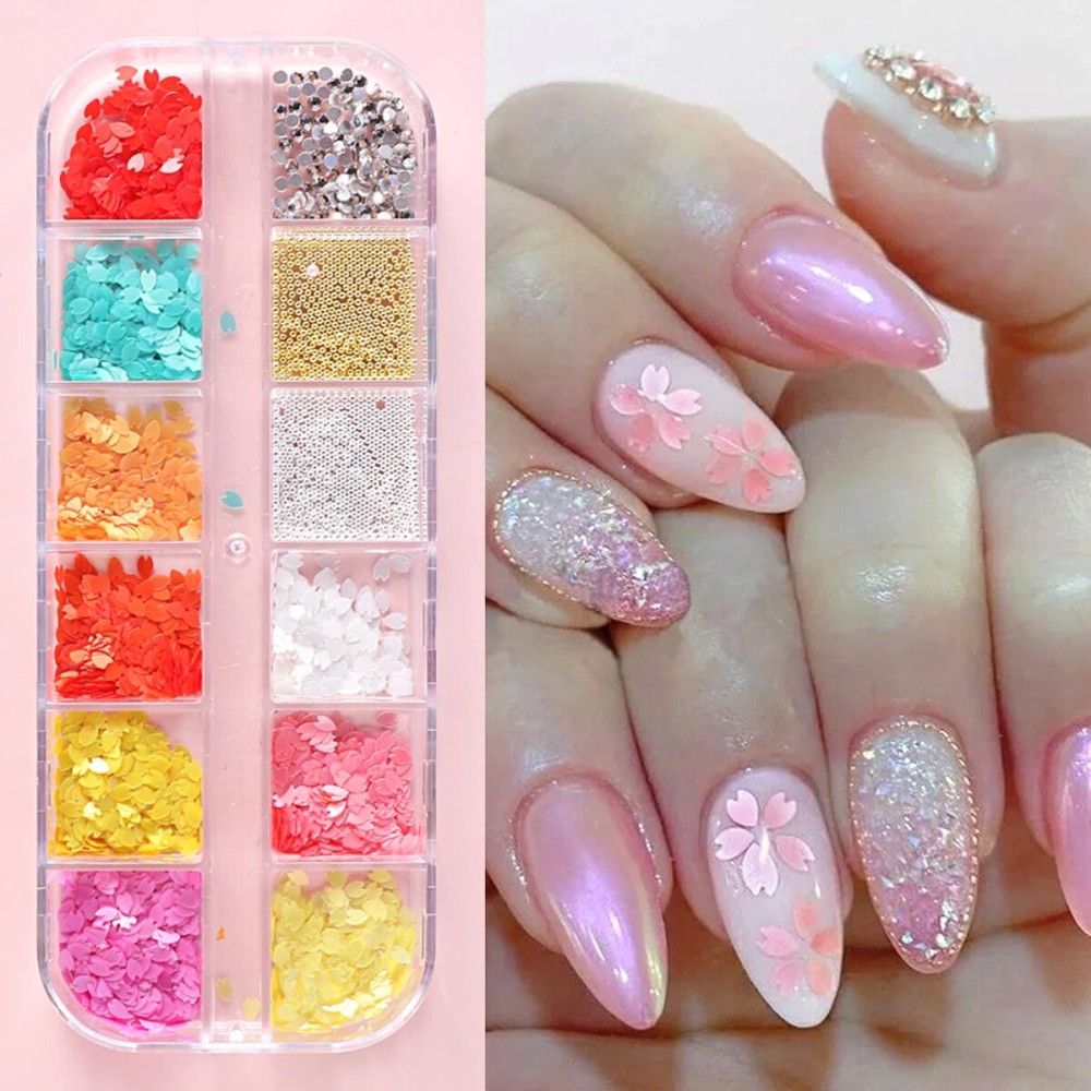 Floral Petals Glitter Nail Art Flakes, Sparkly Flowers Rhinestone Beads Design, 3D Flower Petals Supplies for Women Manicure Charms Decorations, Tips