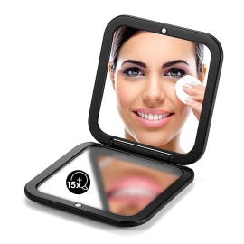 OMIRO Folding Compact Mirror, 1X/15X Magnification 3 Pocket Size Square Hand Mirror for Travel Makeup (Black)
