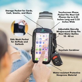 SHERLIX Gym Water Bottle Pouch with Waterproof Touchscreen Accessory Pocket for Phone. Keychain Carabiner, Side Mesh Pocket for AirPods. Fits 18-40 oz Stanley, Hydro Flask, Yeti, Iron Flask Bottles