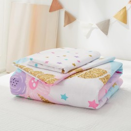 PINNKKU 4-Piece Toddler Bedding Set, Includes 1 Flat Sheet, 1 Fitted Sheet, 1 Comforter and 1 Reversible Pillowcase, Standard Toddler Comforter & Sheet Set, Ultra Soft Toddler Bed Set, Unicorn