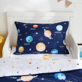 PINNKKU 4-Piece Toddler Bedding Set, Includes 1 Flat Sheet, 1 Fitted Sheet, 1 Comforter and 1 Reversible Pillowcase, Standard Toddler Comforter & Sheet Set, Ultra Soft Toddler Bed Set, Solar System
