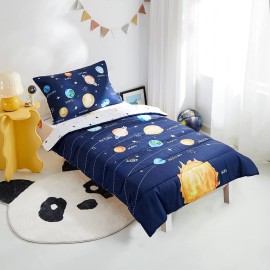 PINNKKU 4-Piece Toddler Bedding Set, Includes 1 Flat Sheet, 1 Fitted Sheet, 1 Comforter and 1 Reversible Pillowcase, Standard Toddler Comforter & Sheet Set, Ultra Soft Toddler Bed Set, Solar System