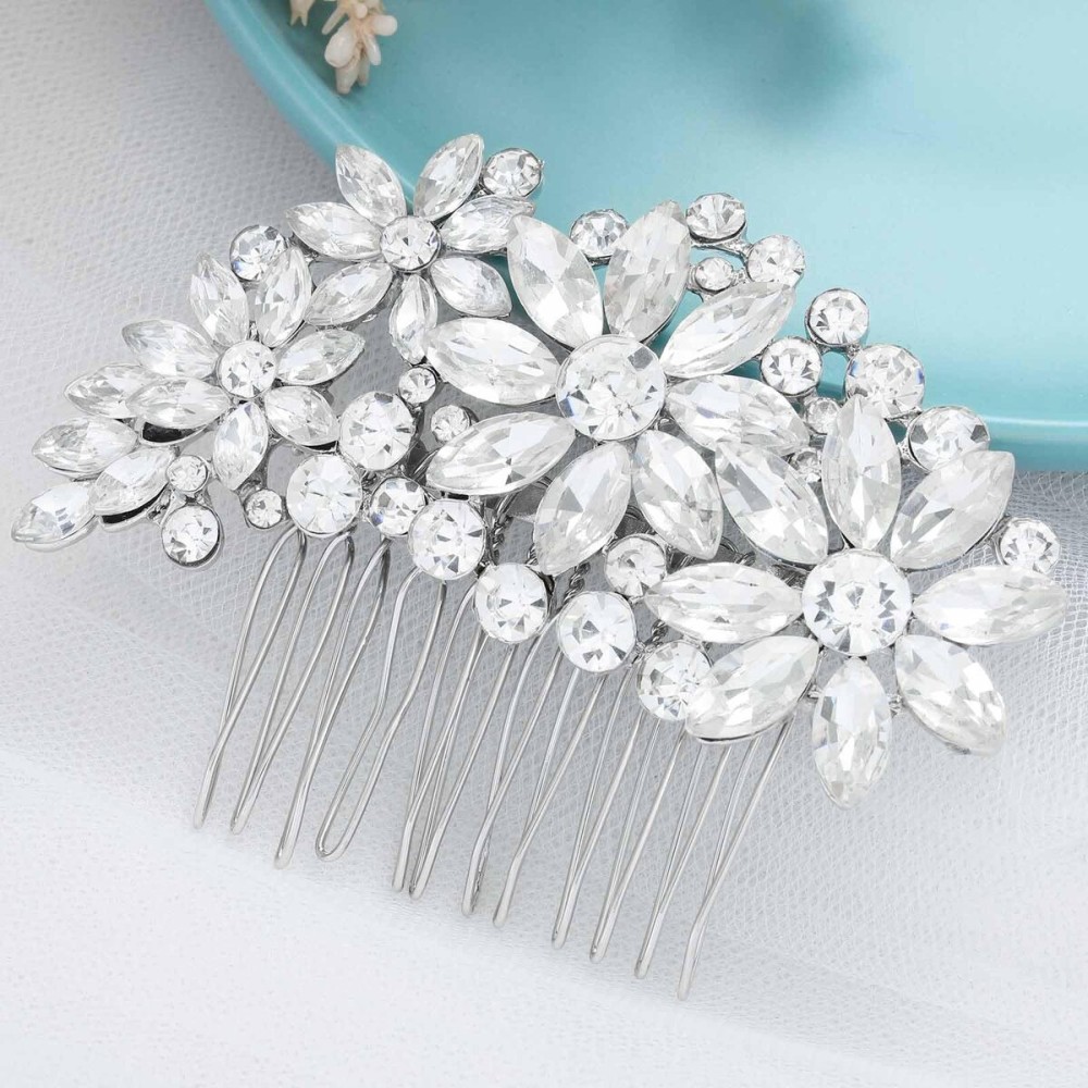 Olbye Bridal Hair Comb with Rhinestone Flower Headpiece - Crystal Side Combs for Brides and Bridesmaids (Silver) Olbye Bridal Hair Comb with Rhinestone Flower Headpiece - Crystal Side Combs for Brides and Bridesmaids (Silver)