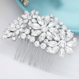 Olbye Bridal Hair Comb with Rhinestone Flower Headpiece - Crystal Side Combs for Brides and Bridesmaids (Silver)
