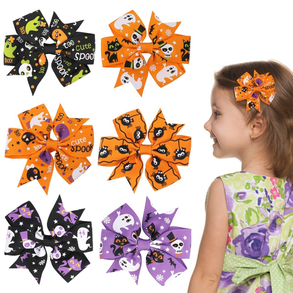 Sibba 6 Pieces Bow Hair Pins Halloween Hair Bows Clip Pumpkin Bat Pattern Boutique Clip Barrette Accessories for Girls