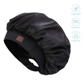 Hat Hut Kids Satin Sleep Cap for Curly Hair - Adjustable Silk Hair Cap for Baby & Toddler (Black)