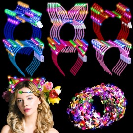 Xinnun 50 Pcs LED Cat Ear Headbands Bulk, Light up Flower Headband Glow Crown Rabbit Ear Head Accessories for Glow in the Dark Party (Cat)