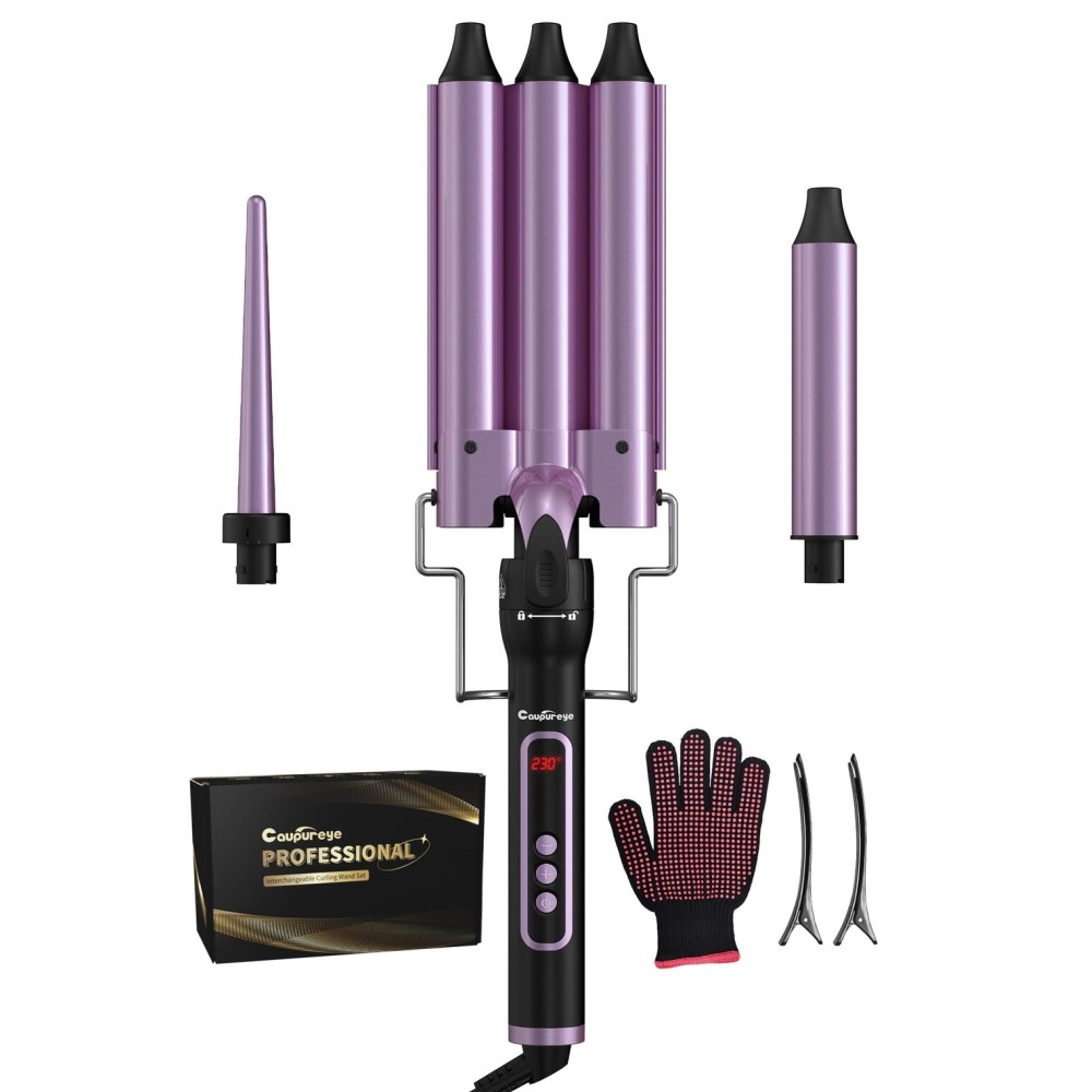 3 in 1 Curling Iron with LCD Temperature Display, 3 Barrel Curling Wand with Dual Voltage, Ceramic Fast Heating Hair Curlers, Create Beachy Waves & Long-Lasting Natural Waves for All Hair Lengths