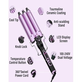 3 in 1 Curling Iron with LCD Temperature Display, 3 Barrel Curling Wand with Dual Voltage, Ceramic Fast Heating Hair Curlers, Create Beachy Waves & Long-Lasting Natural Waves for All Hair Lengths