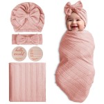 Baby Blankets,5PCS Security Blanket for Babies - Swaddle Adjustable Wearable Blanket, 5pcs Newborn Accessories Set with Hello World Wooden Birth Announcement Card, Baby Blankets for Girls&Boys (Pink)