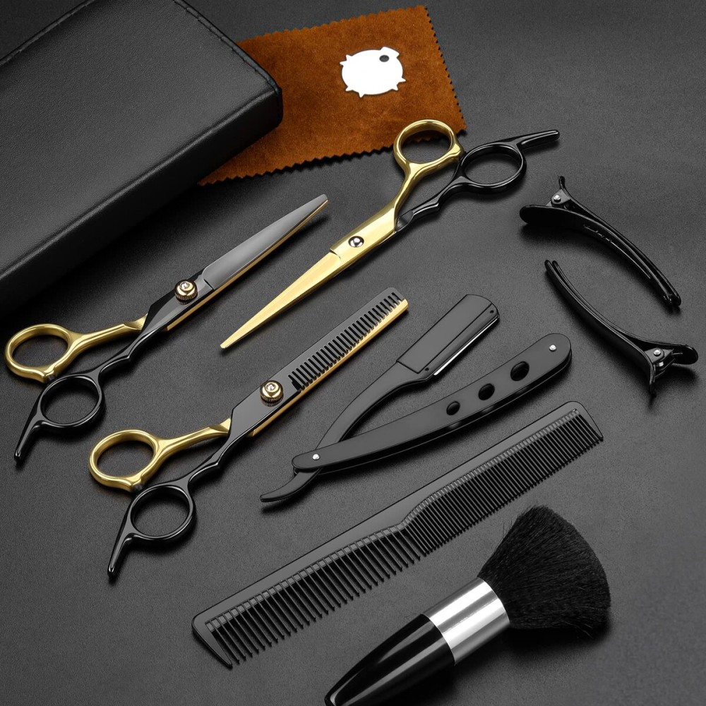 Hair Scissors,11Pcs Professional Black Gold Hair Cutting,Stainless Steel Barber Supplies,Straight, Thinning Shears, Multi Use Haircut Sets for Home Salon Barber