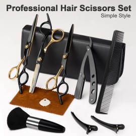 Hair Scissors,11Pcs Professional Black Gold Hair Cutting,Stainless Steel Barber Supplies,Straight, Thinning Shears, Multi Use Haircut Sets for Home Salon Barber