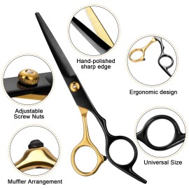 Hair Scissors,11Pcs Professional Black Gold Hair Cutting,Stainless Steel Barber Supplies,Straight, Thinning Shears, Multi Use Haircut Sets for Home Salon Barber