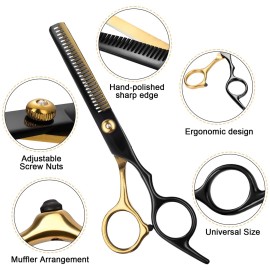 Hair Scissors,11Pcs Professional Black Gold Hair Cutting,Stainless Steel Barber Supplies,Straight, Thinning Shears, Multi Use Haircut Sets for Home Salon Barber