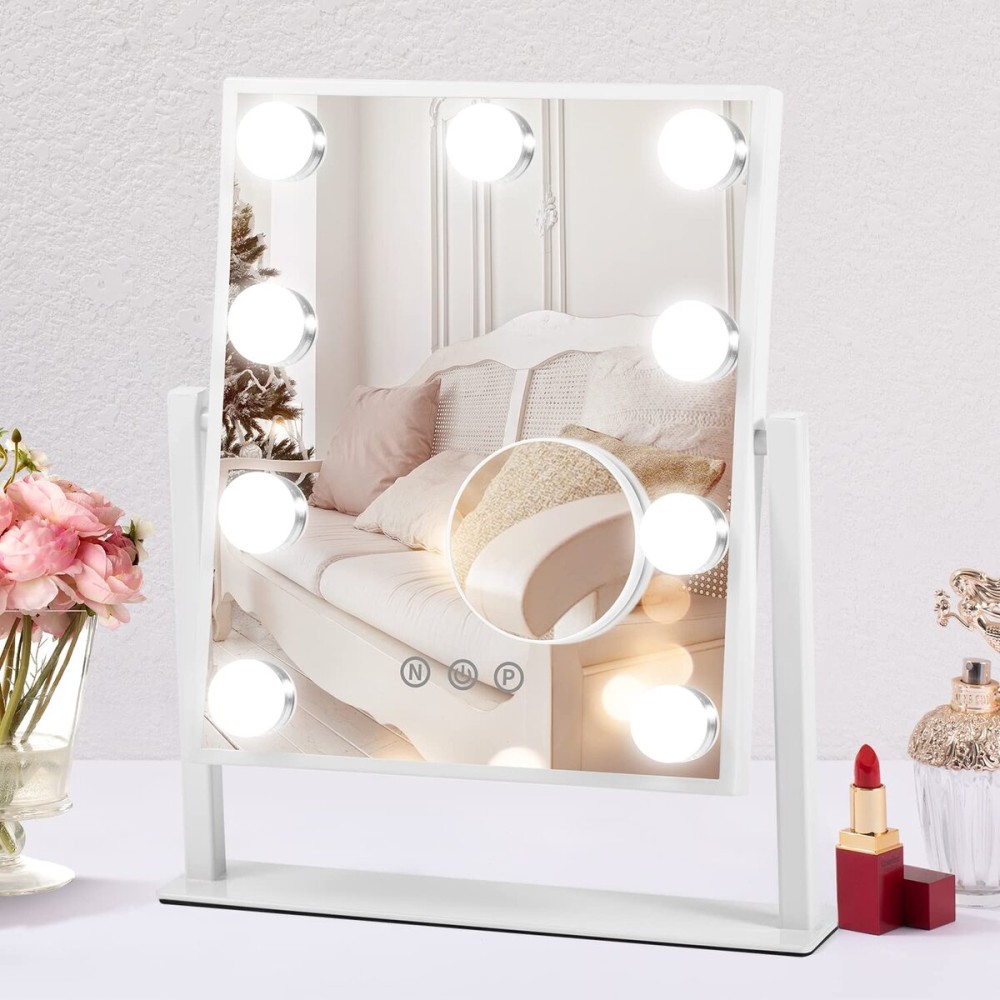 Beinocci Hollywood Vanity Mirror with Lights - 9 Led Bulbs Makeup Mirror with Lights for Desk, 3 Color Lighting, Touch Screen Control, Lighted Makeup Vanity Mirror for Tabletop, White