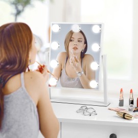 Beinocci Hollywood Vanity Mirror with Lights - 9 Led Bulbs Makeup Mirror with Lights for Desk, 3 Color Lighting, Touch Screen Control, Lighted Makeup Vanity Mirror for Tabletop, White