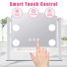 Beinocci Hollywood Vanity Mirror with Lights - 9 Led Bulbs Makeup Mirror with Lights for Desk, 3 Color Lighting, Touch Screen Control, Lighted Makeup Vanity Mirror for Tabletop, White