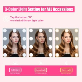 Beinocci Hollywood Vanity Mirror with Lights - 9 Led Bulbs Makeup Mirror with Lights for Desk, 3 Color Lighting, Touch Screen Control, Lighted Makeup Vanity Mirror for Tabletop, White