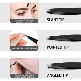 HAIIDOAK Tweezers Set, Professional Stainless Steel Tweezers for Eyebrows, Great Precision for Facial Hair, Splinter and Ingrown Hair Removal (3 Count / 3.8inch, Black)