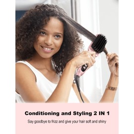 LANDOT Inoic Hair Straightener Brush for Smooth, Frizz-Free Results - Electric Heated Ceramic Straightening Brush Dual Voltage - Fast Heating Adjust Temp 250-450F for All Hair Types