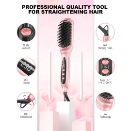 LANDOT Inoic Hair Straightener Brush for Smooth, Frizz-Free Results - Electric Heated Ceramic Straightening Brush Dual Voltage - Fast Heating Adjust Temp 250-450F for All Hair Types