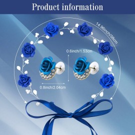 OIIKI Bridal Headband Crystal Navy Blue Flower Crown Wedding Headpiece with Earring, Bride Hair Accessories Blue Rose Crown, Hairpiece Hair Vine for Women Girls