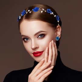 OIIKI Bridal Headband Crystal Navy Blue Flower Crown Wedding Headpiece with Earring, Bride Hair Accessories Blue Rose Crown, Hairpiece Hair Vine for Women Girls