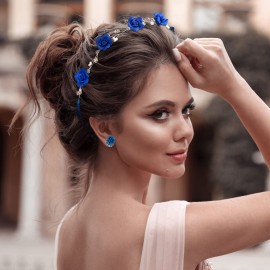 OIIKI Bridal Headband Crystal Navy Blue Flower Crown Wedding Headpiece with Earring, Bride Hair Accessories Blue Rose Crown, Hairpiece Hair Vine for Women Girls