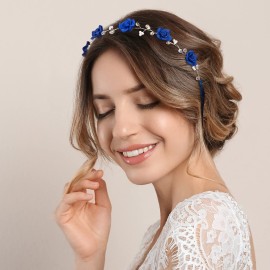 OIIKI Bridal Headband Crystal Navy Blue Flower Crown Wedding Headpiece with Earring, Bride Hair Accessories Blue Rose Crown, Hairpiece Hair Vine for Women Girls