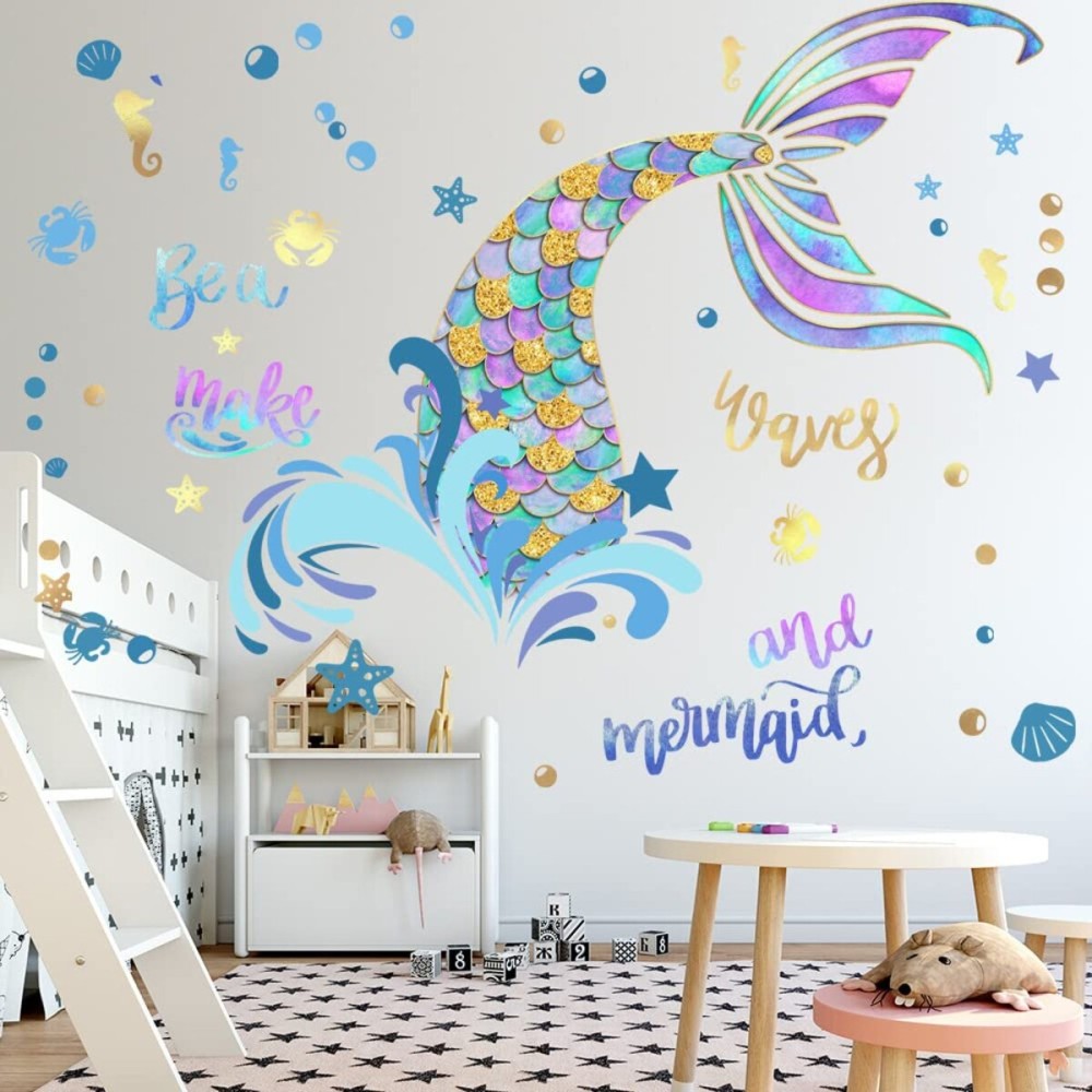 Buer Homie Mermaid Wall Decals for Girls Nursery Room Decor, Kids Bedroom Decorations, Tail Stickers, Baby Girl Decals, Purple Tail Wall Decor
