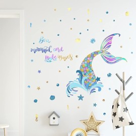 Buer Homie Mermaid Wall Decals for Girls Nursery Room Decor, Kids Bedroom Decorations, Tail Stickers, Baby Girl Decals, Purple Tail Wall Decor