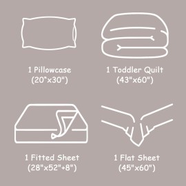 FLXXIE 4 Pieces Toddler Bedding Set, Soft and Breathable Microfiber Crib Sheet Set, Includes Quilted Comforter, Flat Top Sheet, Fitted Sheet, Envelope Pillow Case for Boys and Girls, White