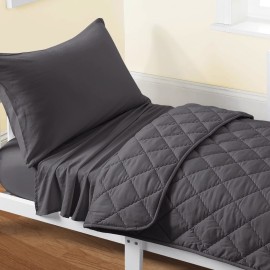 FLXXIE 4 Pieces Toddler Bedding Set, Soft and Breathable Microfiber Crib Sheet Set, Includes Quilted Comforter, Flat Top Sheet, Fitted Sheet, Envelope Pillow Case for Boys and Girls, Dark Grey