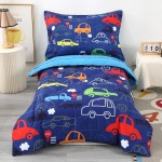 Wowelife Car Toddler Bedding Sets for Boys 4 Piece Blue Vehicle Kids Toddler Bed Sheet Sets Comforter Set for Boys with Comforter, Flat Sheet, Fitted Sheet and Pillowcase, Blue Car