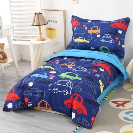 Wowelife Car Toddler Bedding Sets for Boys 4 Piece Blue Vehicle Kids Toddler Bed Sheet Sets Comforter Set for Boys with Comforter, Flat Sheet, Fitted Sheet and Pillowcase, Blue Car