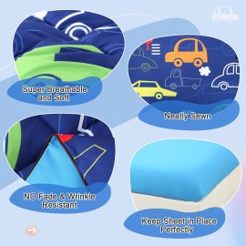 Wowelife Car Toddler Bedding Sets for Boys 4 Piece Blue Vehicle Kids Toddler Bed Sheet Sets Comforter Set for Boys with Comforter, Flat Sheet, Fitted Sheet and Pillowcase, Blue Car