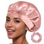 Silk Sleeping Bonnet - 100% Mulberry Silk Sleep Cap Breathable & Adjustable Night Hair Wrap for Women Curly Hair with Elastic Tie Band Silk Satin Turban (Pink)