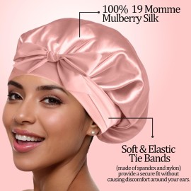Silk Sleeping Bonnet - 100% Mulberry Silk Sleep Cap Breathable & Adjustable Night Hair Wrap for Women Curly Hair with Elastic Tie Band Silk Satin Turban (Pink)
