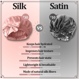 Silk Sleeping Bonnet - 100% Mulberry Silk Sleep Cap Breathable & Adjustable Night Hair Wrap for Women Curly Hair with Elastic Tie Band Silk Satin Turban (Pink)