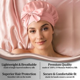 Silk Sleeping Bonnet - 100% Mulberry Silk Sleep Cap Breathable & Adjustable Night Hair Wrap for Women Curly Hair with Elastic Tie Band Silk Satin Turban (Pink)