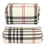 MAANGE Small Makeup Bag for Purse, 2 PCS Cosmetic Bag for Women Travel Makeup Pouch Leather Make up Bag Portable Zipper Pouch Brushes Bag - khaki plaid