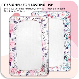 Pea Pod Pack N Play Sheets for Baby Girls, 2 Pack Floral Mini Crib Sheets Neutral, Stretchy Portable Playard Mattress Sheet Fitted, Ultra Soft Jersey Knit