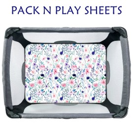 Pea Pod Pack N Play Sheets for Baby Girls, 2 Pack Floral Mini Crib Sheets Neutral, Stretchy Portable Playard Mattress Sheet Fitted, Ultra Soft Jersey Knit