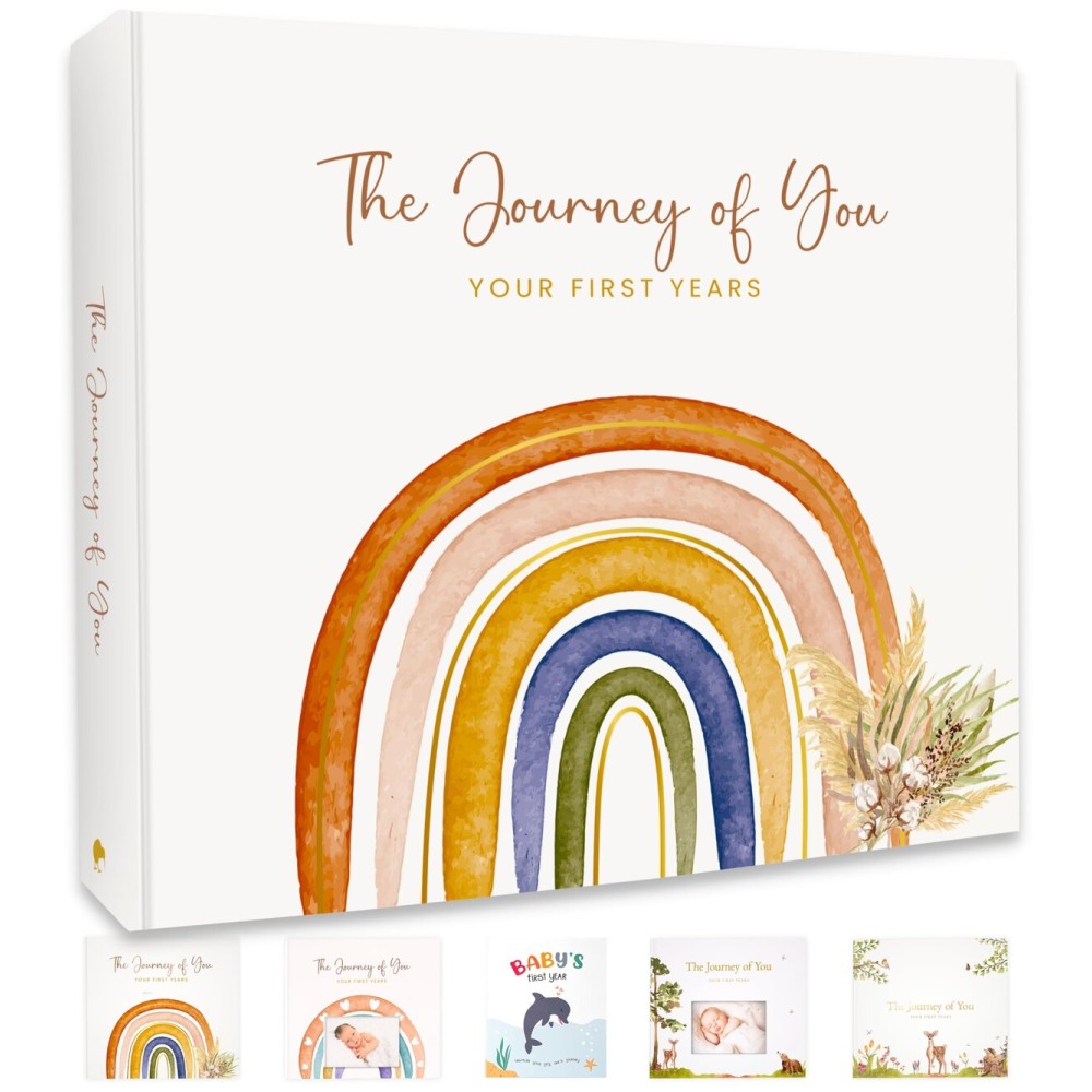 Baby Memory Book for Girl or Boy - First 5 Years Unisex Boho Rainbow Keepsake Journal to Record Newborn 1st Milestones - Gender Neutral Photo Album Scrapbook for Baby Shower - Pregnant New Mother Gift