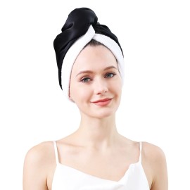 DAISYSILK Drying Hair Twist Head Towels,Silk Hair Towel Wrapped Cotton Inner- Fast Dry Curly/Long Hair Wraps for Women Wet Hair Silk Hair Towels for Women Turban for Wet Hair, Black