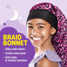 Red by Kiss Kids Satin Braid Bonnet, Comfy Wide Band for Long Hair, Long Braids (Pink Leopard)