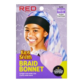 Red by Kiss Kids Satin Braid Bonnet, Comfy Wide Band for long hair, long braids (Tie Dye Pink/Purple)